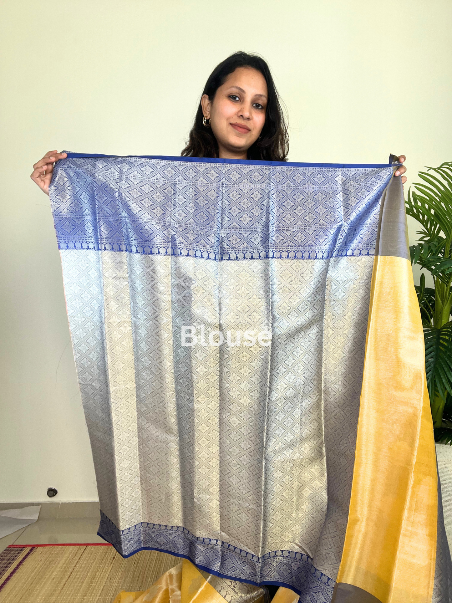 Yellow and Blue - Semi Kanchi Tissue Saree