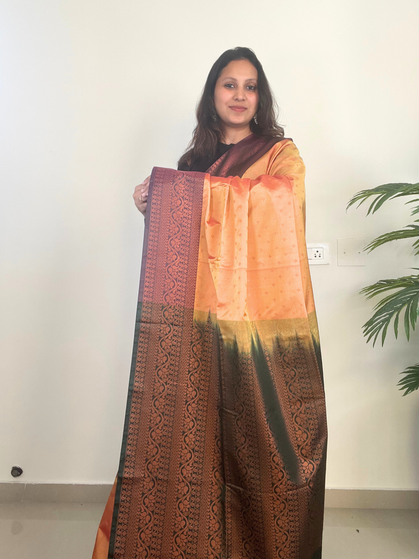 Dual Shade Yellow and Purple with Green Border - Premium Soft Silk Saree