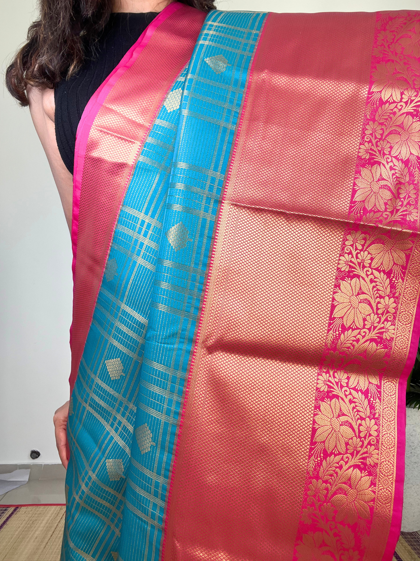 Blue and Pink - Kattam - Kanchipuram Silk Saree