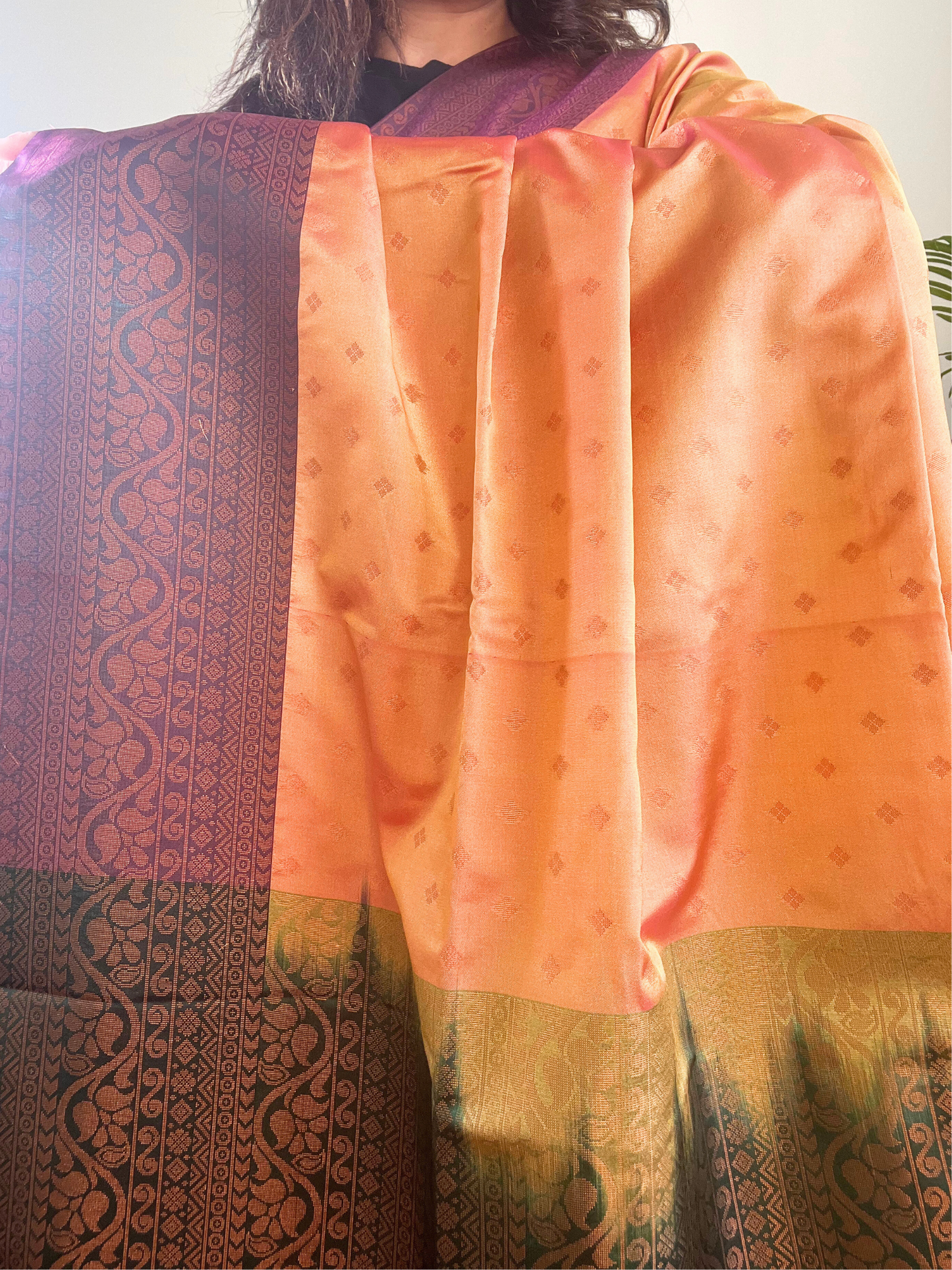 Dual Shade Yellow and Purple with Green Border - Premium Soft Silk Saree