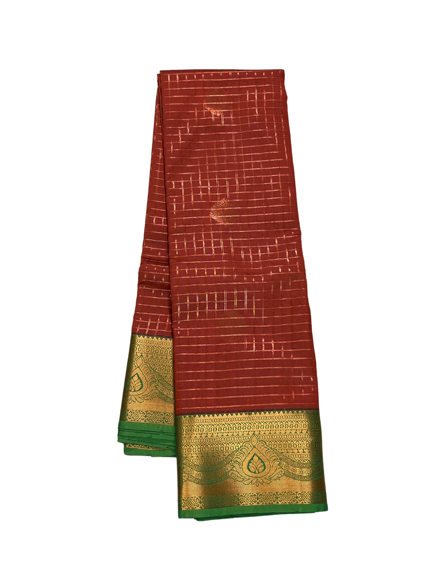 Brick Orange and Green - Kattam - Kanchipuram Silk Saree
