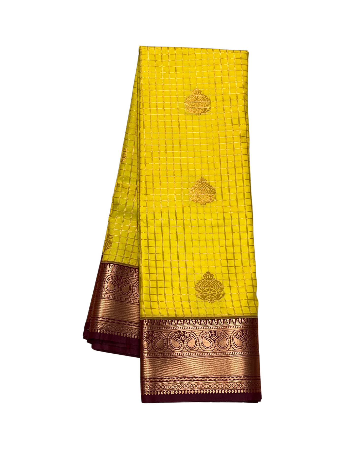 Yellow and Maroon - Kattam - Kanchipuram Silk Saree