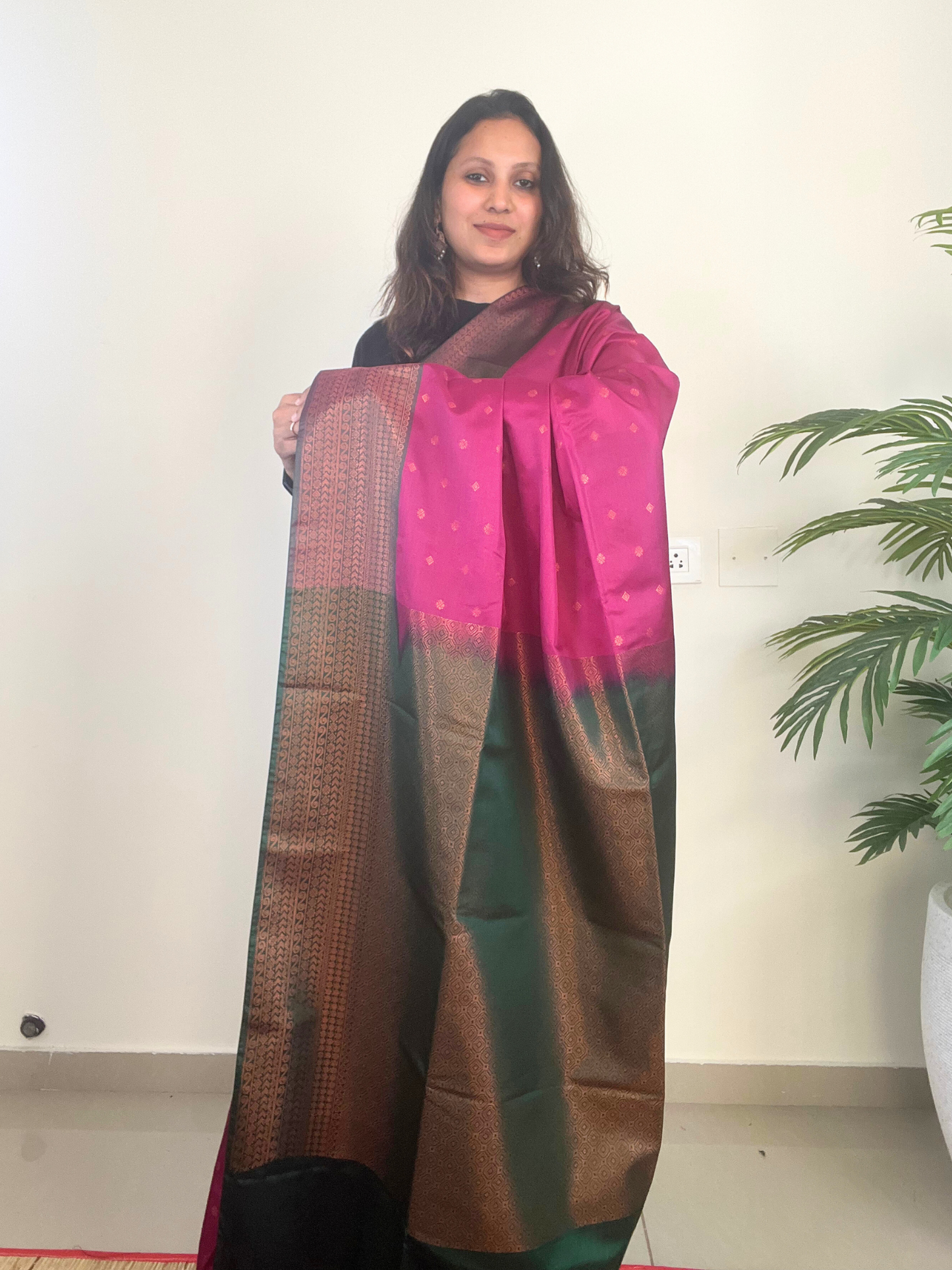 Dark Pink and Green - Premium Soft Silk Saree