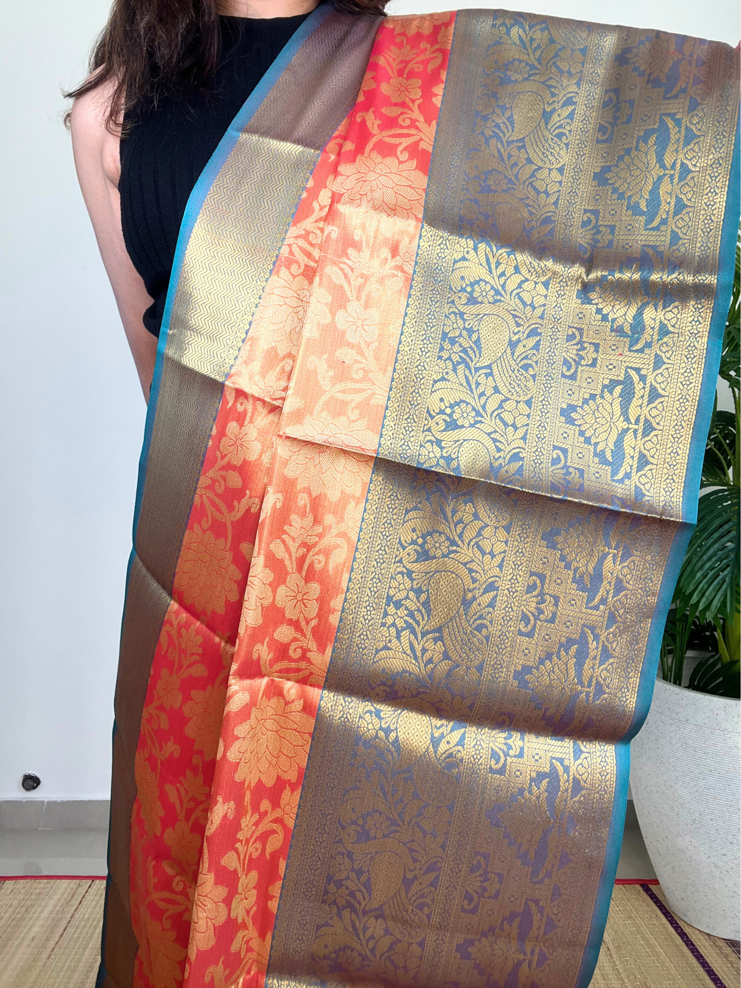 Orange and Green - Semi Kanchi Tissue Saree