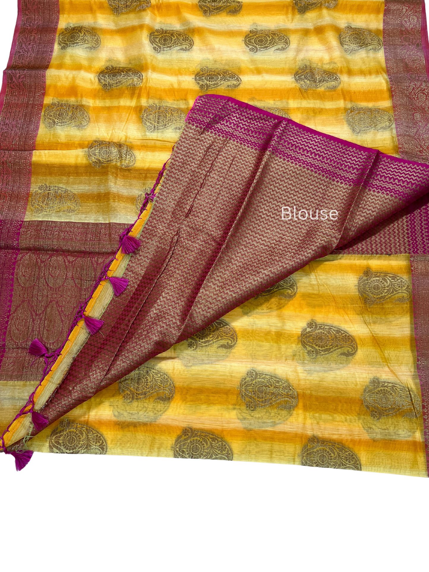 Yellow and Pink - Linen by Cotton Saree