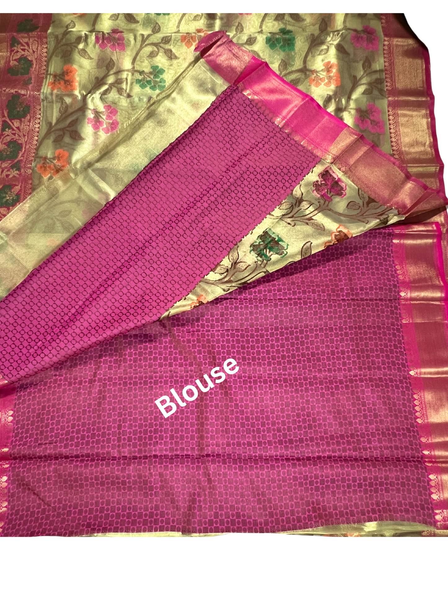 Greenish Gold and Pink Floral - Tissue Saree