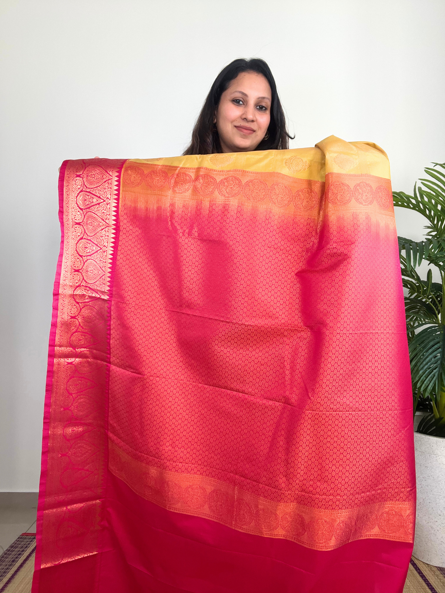 Yellow and Dark Pink - Kanchipuram Silk Saree