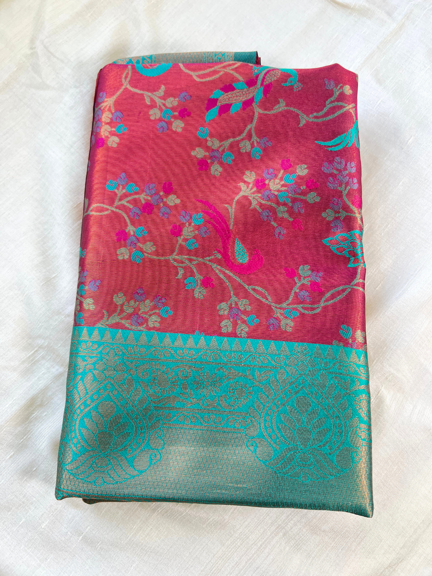 Rust Orange and Green - Floral Saree