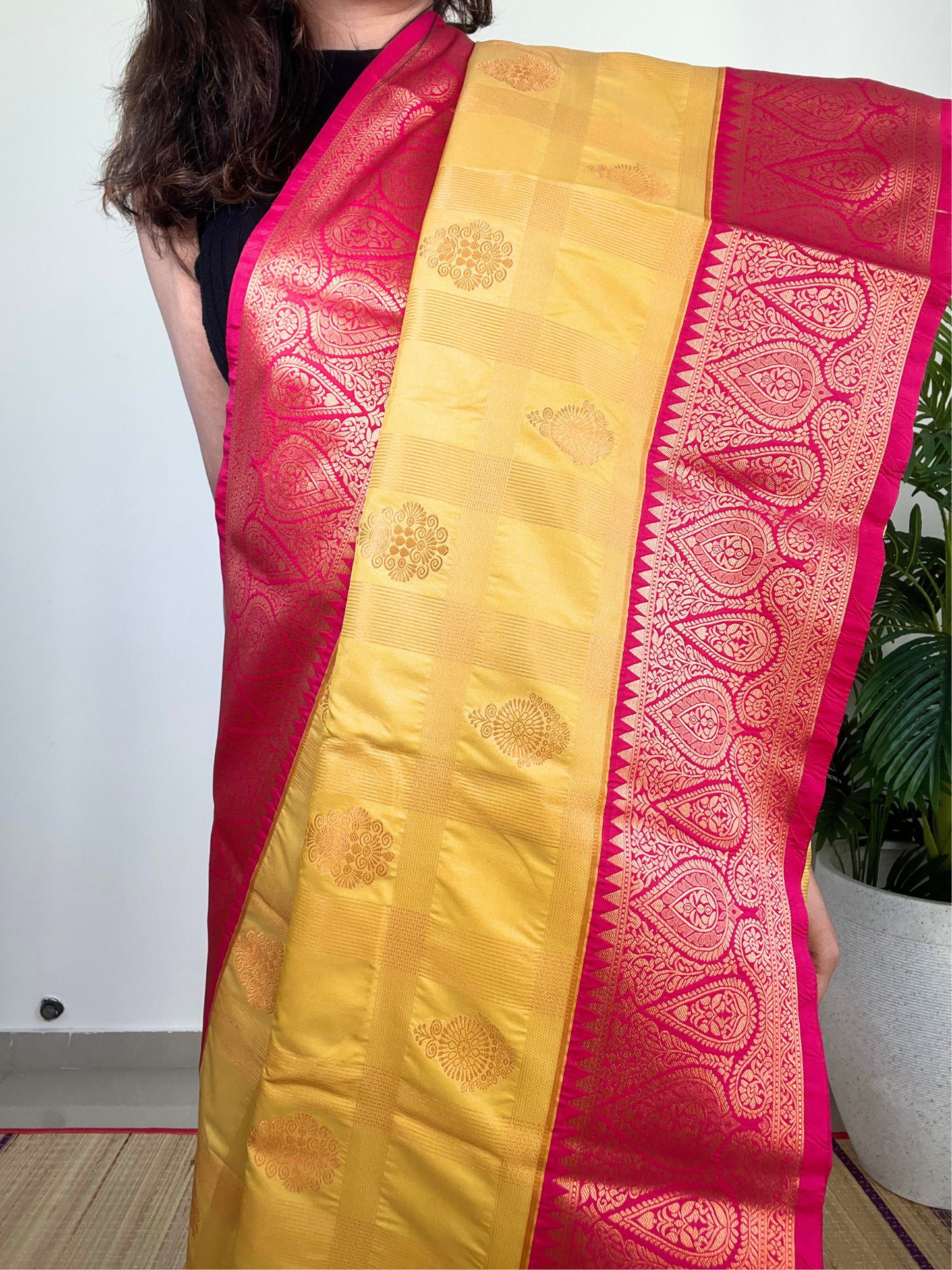 Yellow and Dark Pink - Kanchipuram Silk Saree