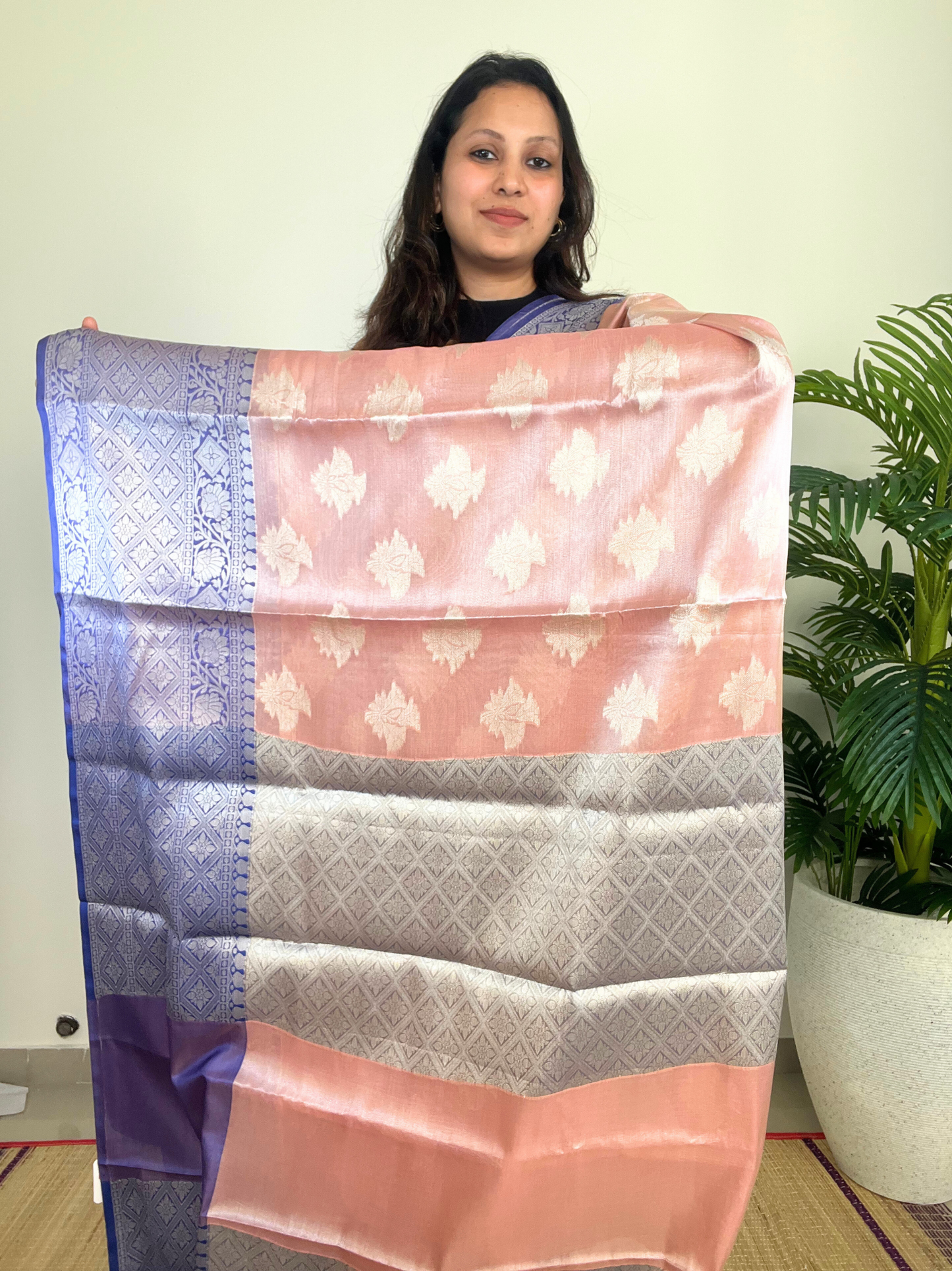 Baby Pink and Blue - Semi Kanchi Tissue Saree