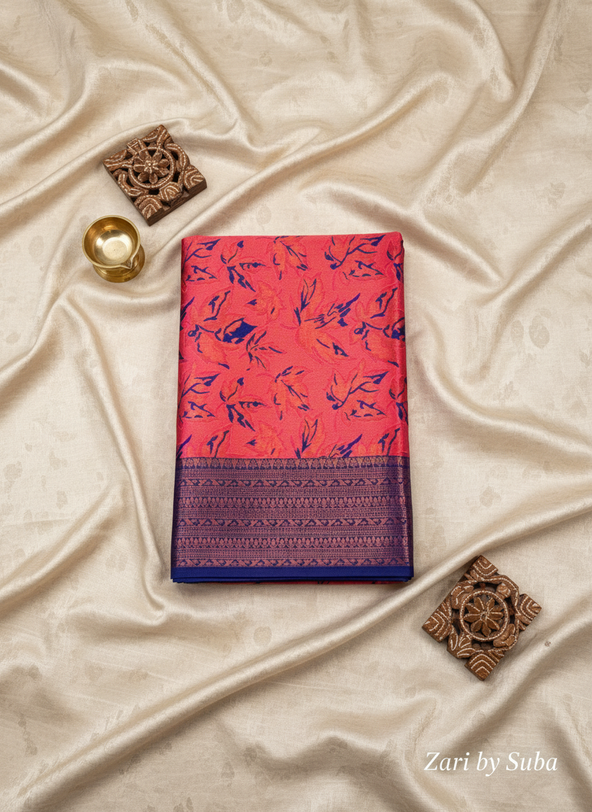 Orange and Blue - Floral Saree