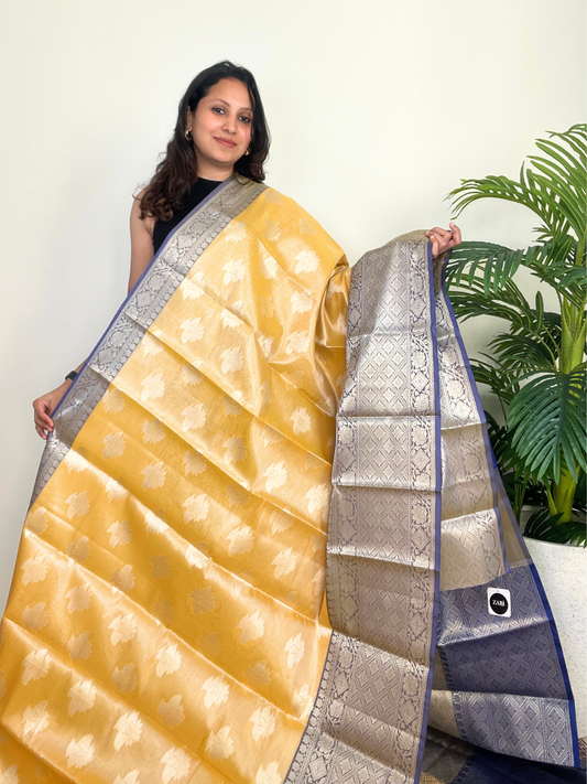 Yellow and Blue - Semi Kanchi Tissue Saree