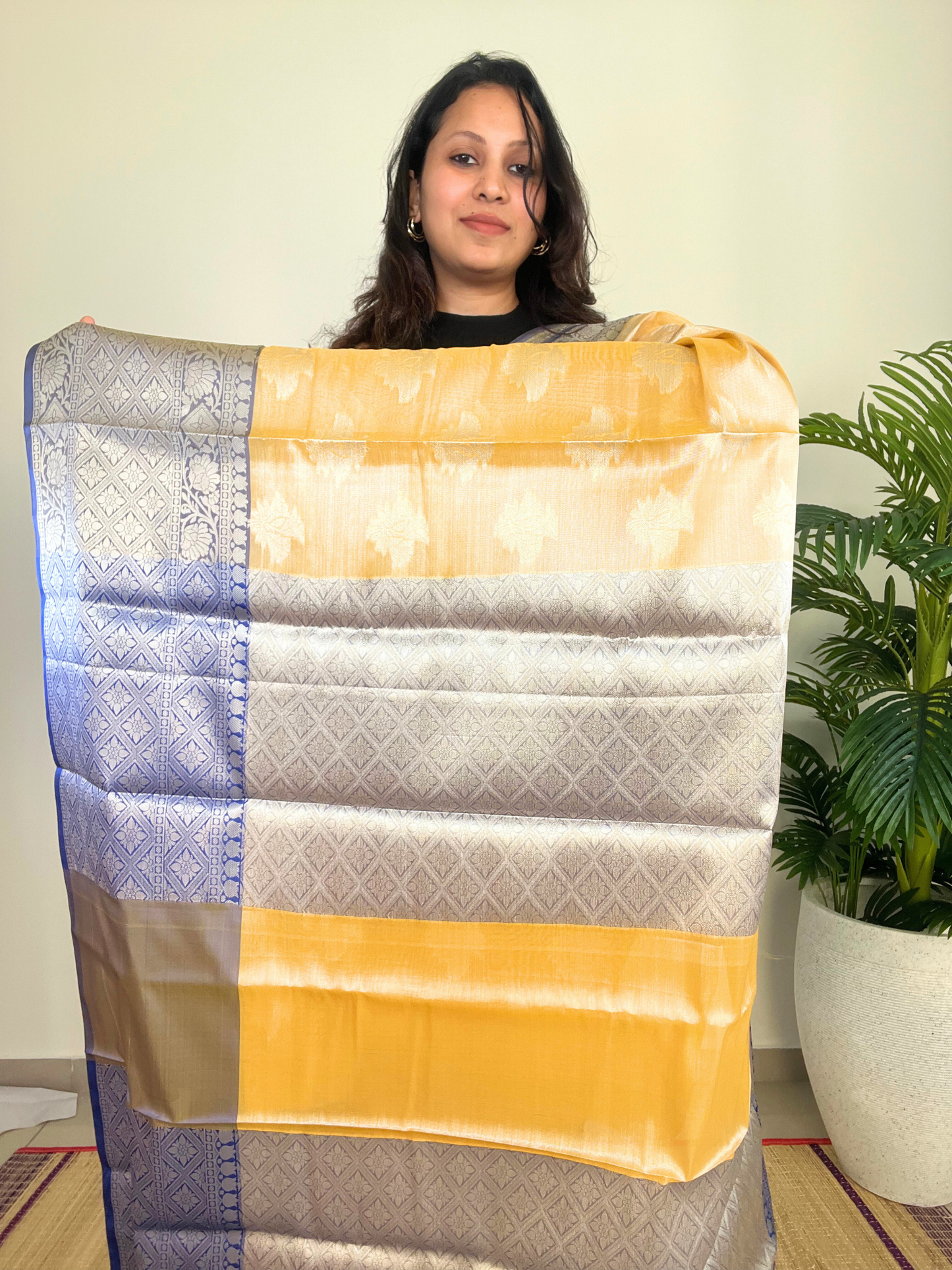 Yellow and Blue - Semi Kanchi Tissue Saree