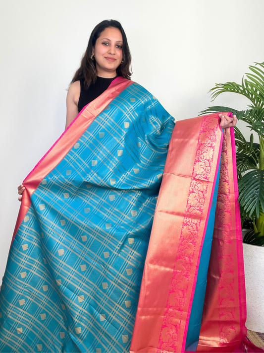 Blue and Pink - Kattam - Kanchipuram Silk Saree