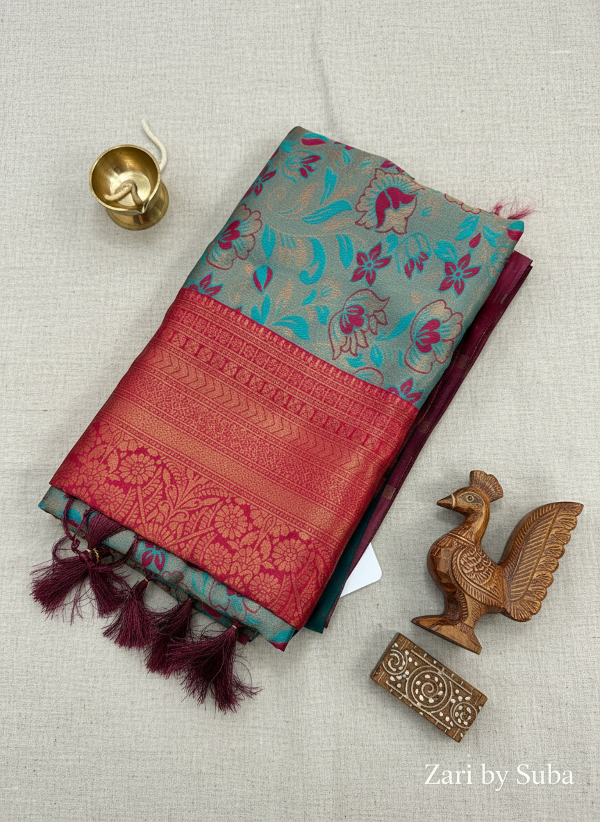 Green and Red - Floral Saree