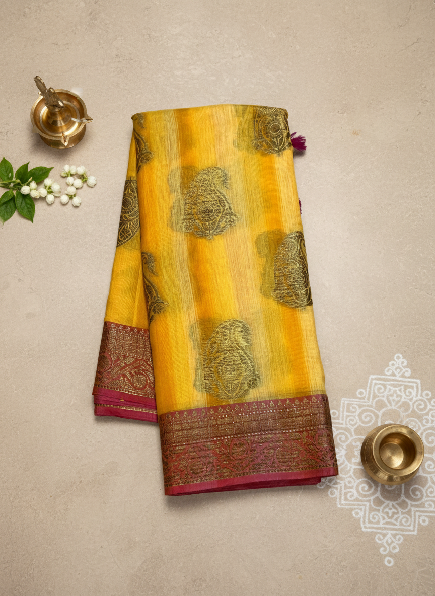 Yellow and Pink - Linen by Cotton Saree