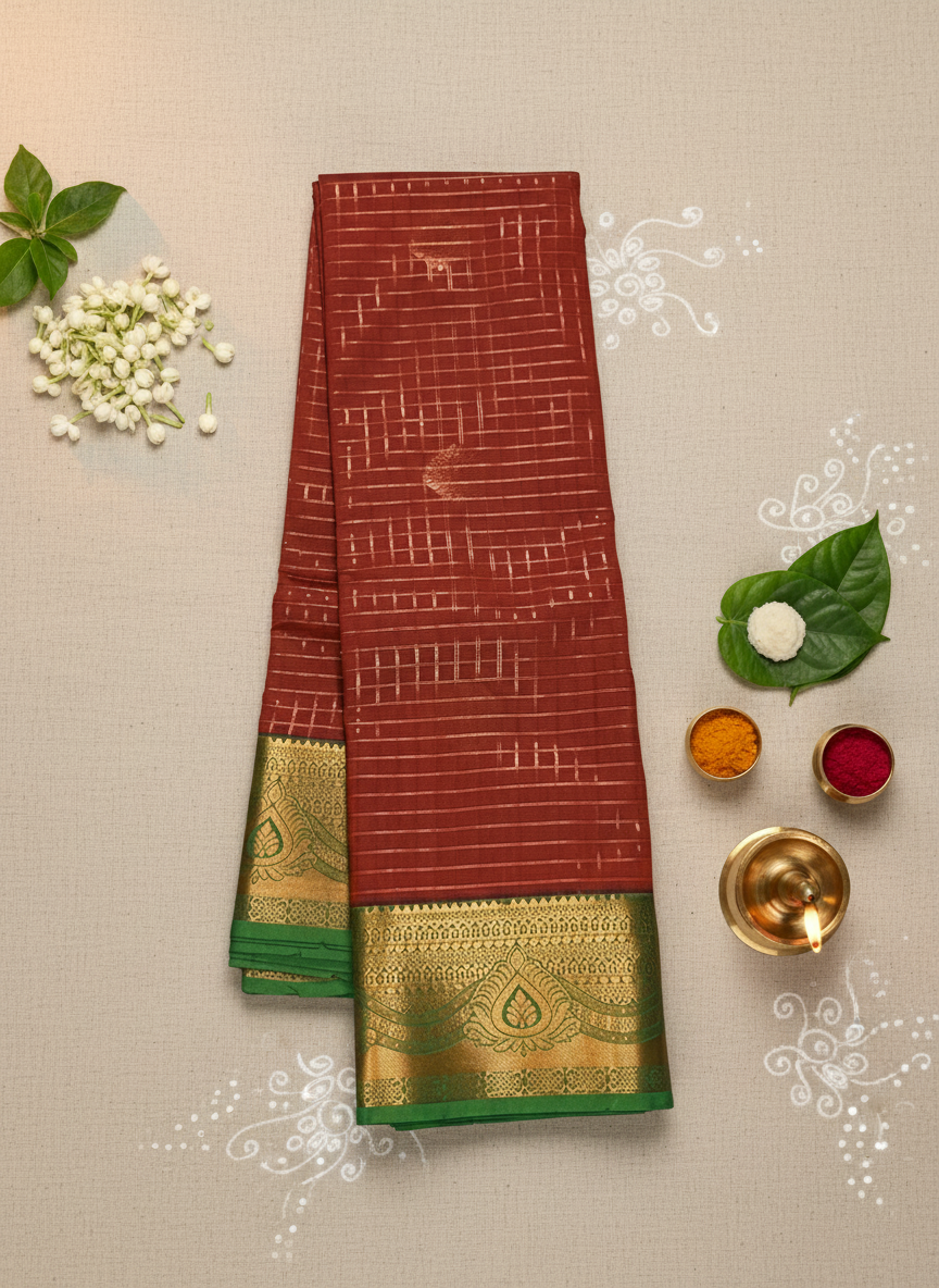 Brick Orange and Green - Kattam - Kanchipuram Silk Saree