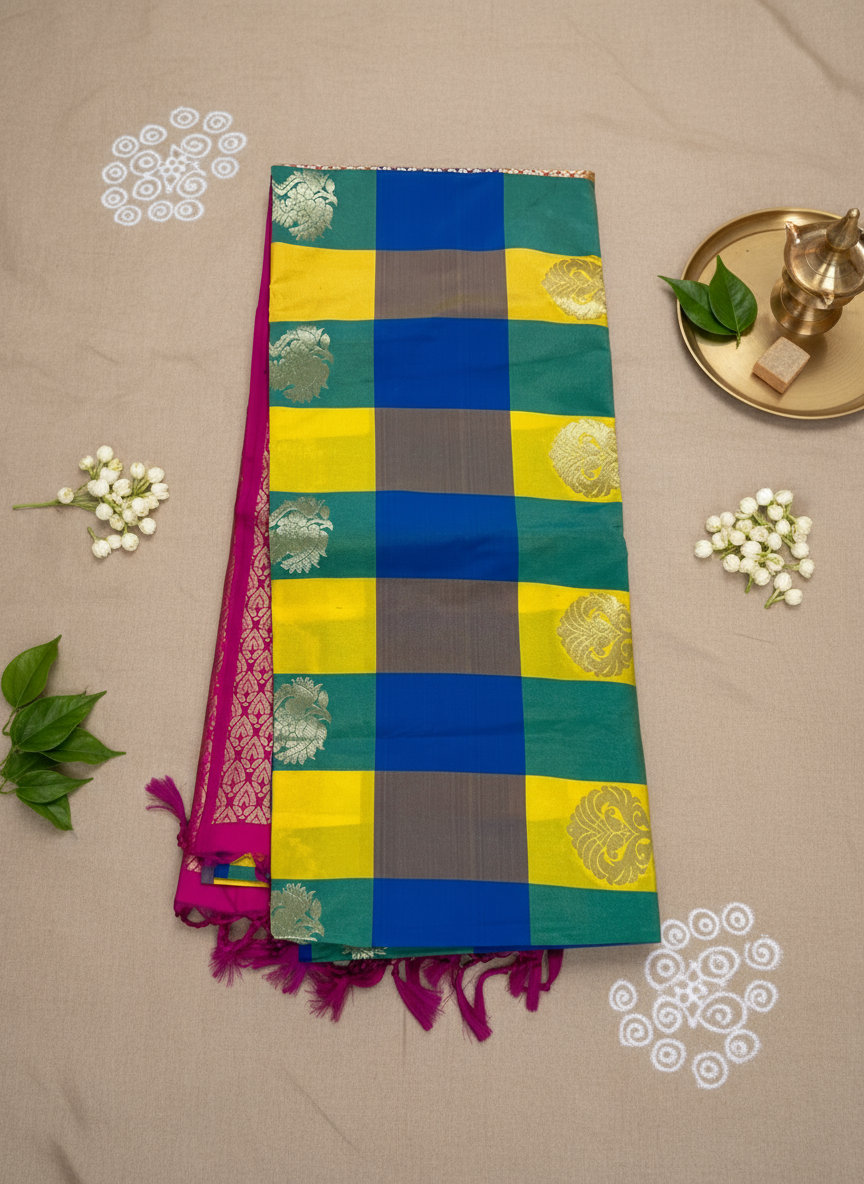 Palum Pazhamum checks in Yellow with Pink Pallu - Semi Kanchipuram Saree