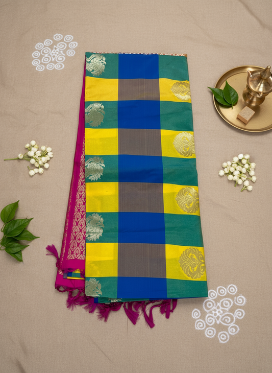 Palum Pazhamum checks in Yellow with Pink Pallu - Semi Kanchipuram Saree