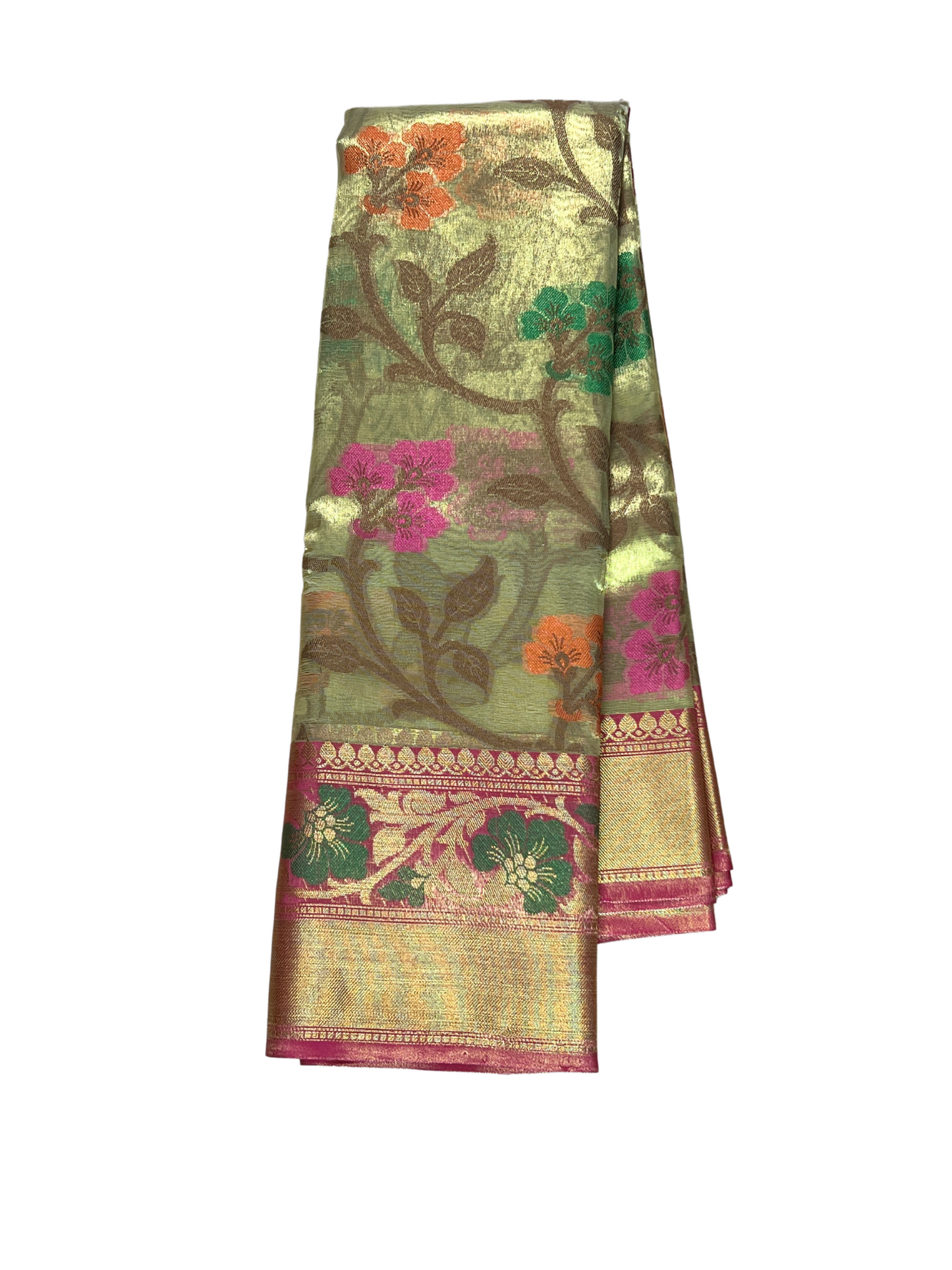 Greenish Gold and Pink Floral - Tissue Saree