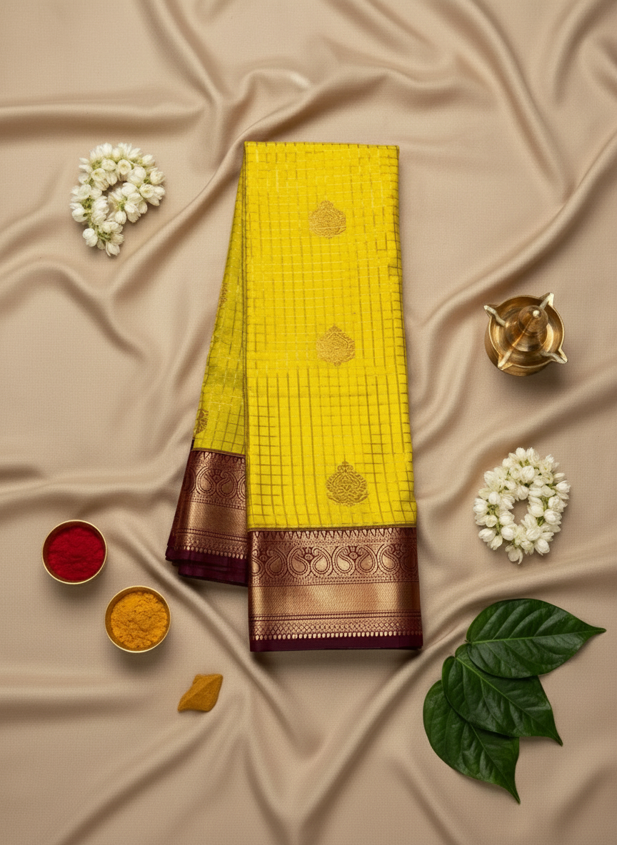 Yellow and Maroon - Kattam - Kanchipuram Silk Saree