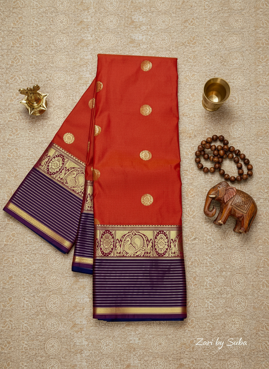 Orange with Dark Blue Border - Vintage - Semi Kanchipuram Saree