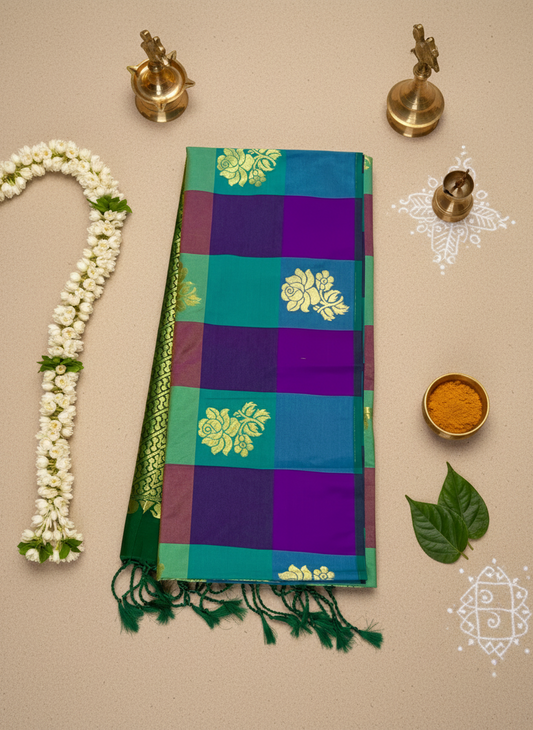Palum Pazhamum checks with Green Pallu - Semi Kanchipuram Saree