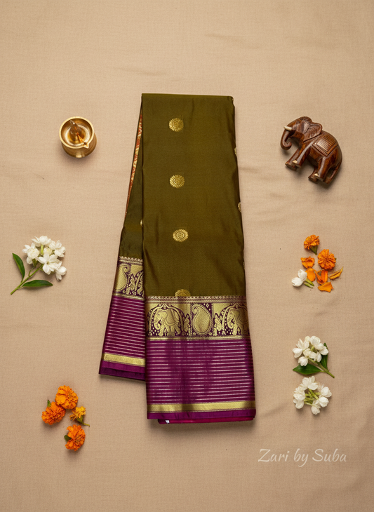 Green with Dark Pink Border - Vintage - Semi Kanchipuram Saree