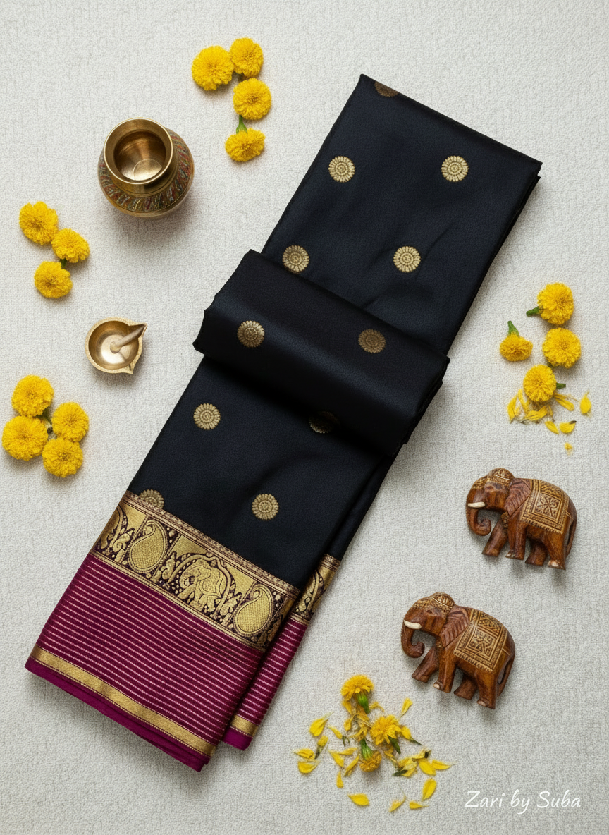 Black with Dark Pink Border - Vintage - Semi Kanchipuram Saree