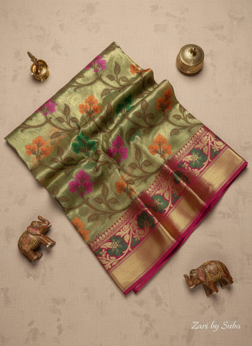 Greenish Gold and Pink Floral - Tissue Saree