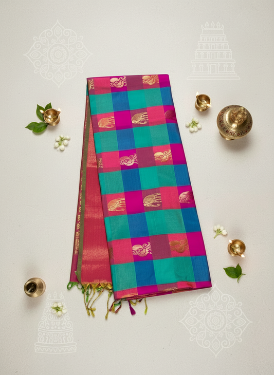Palum Pazhamum checks with Pink Pallu - Semi Kanchipuram Saree