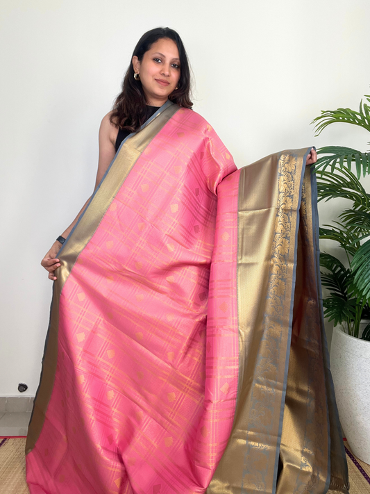 Pink and Grey - Kattam - Kanchipuram Silk Saree