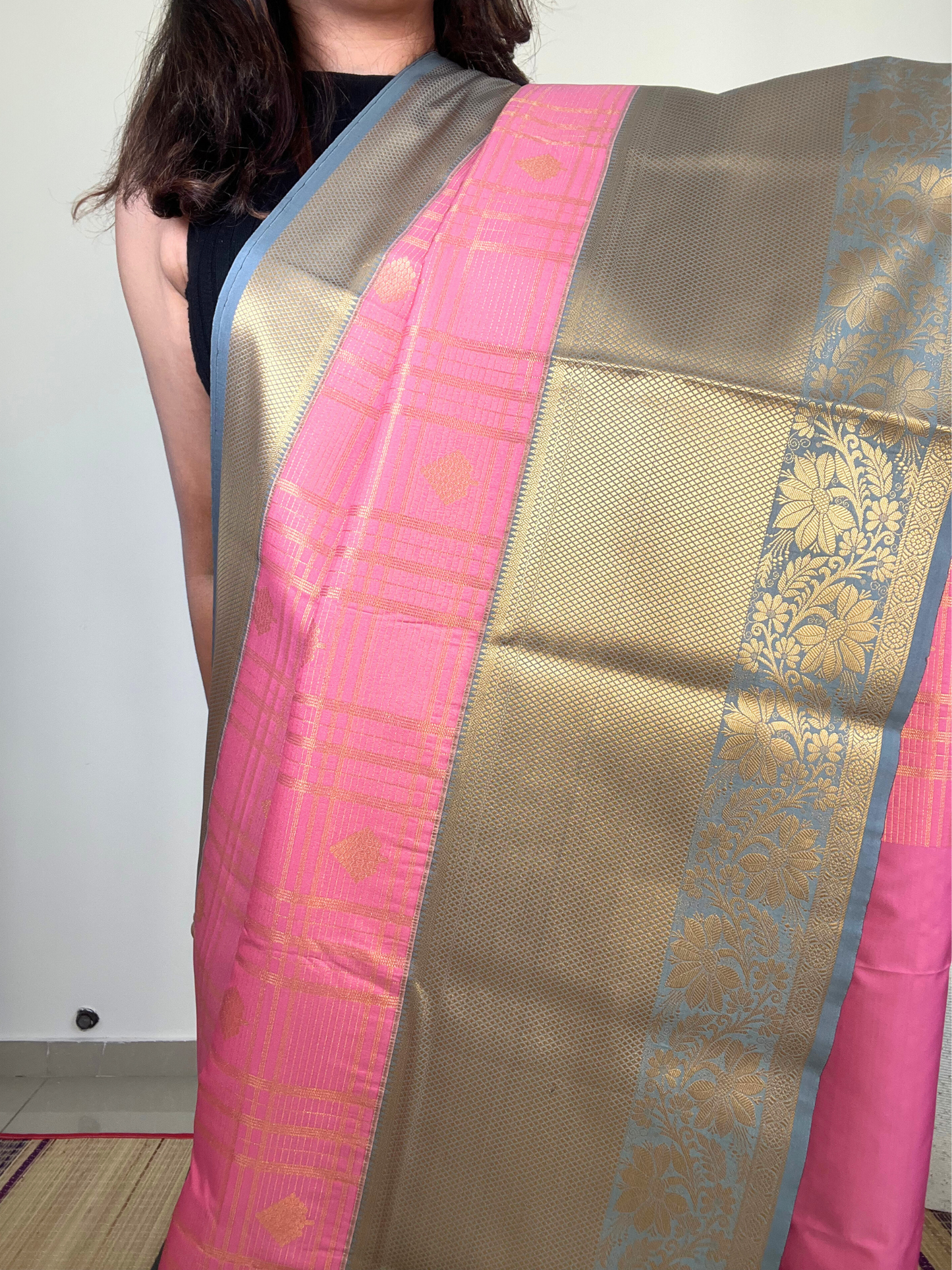 Pink and Grey - Kattam - Kanchipuram Silk Saree