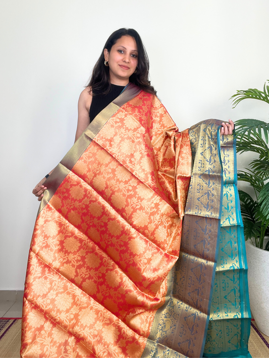Orange and Green - Semi Kanchi Tissue Saree