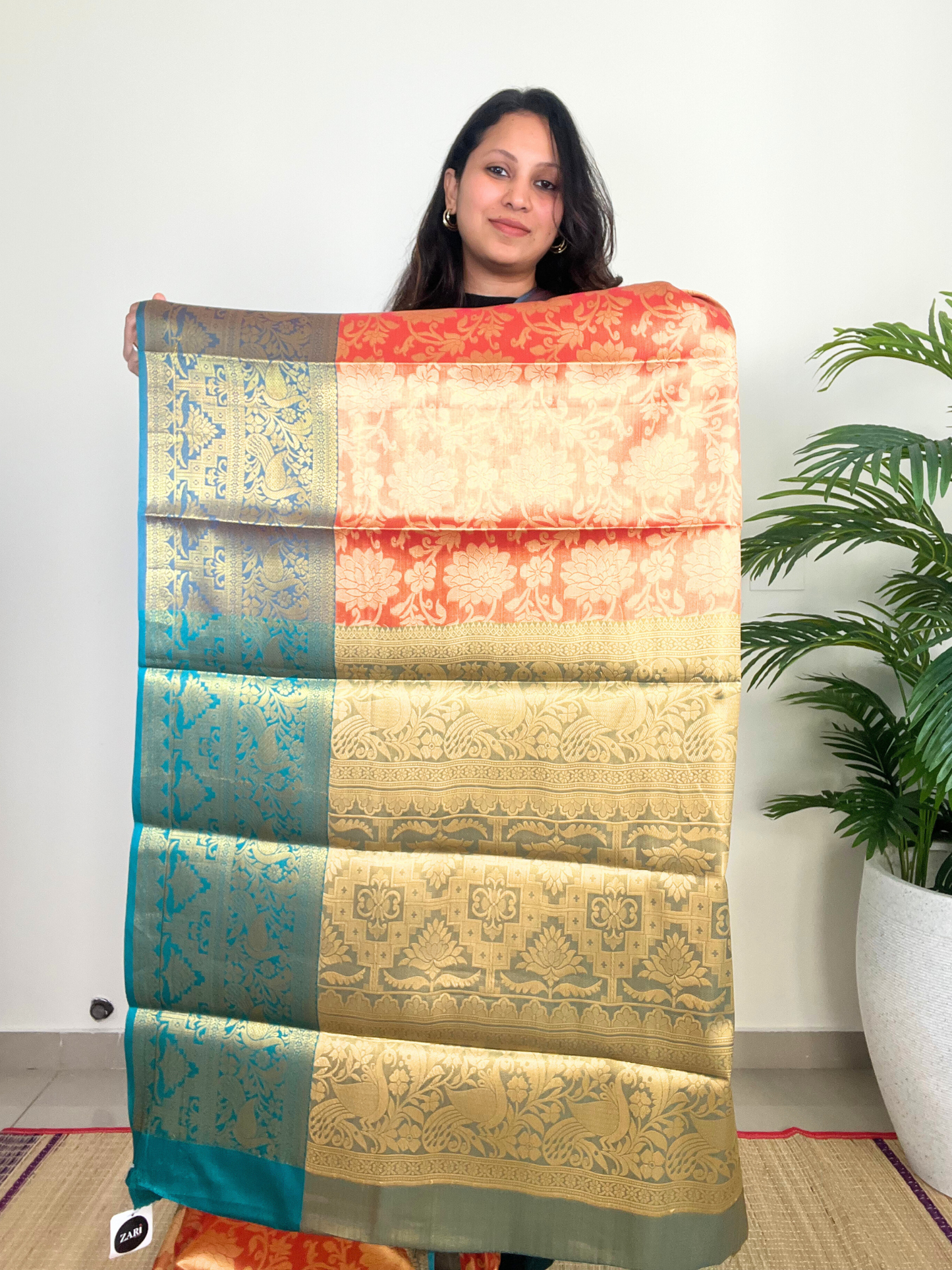 Orange and Green - Semi Kanchi Tissue Saree