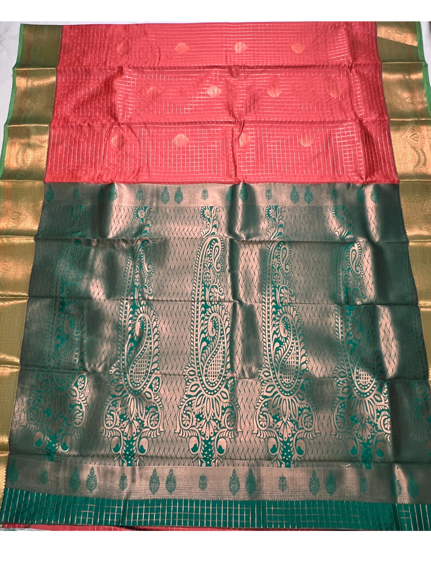 Brick Orange and Green - Kattam - Kanchipuram Silk Saree