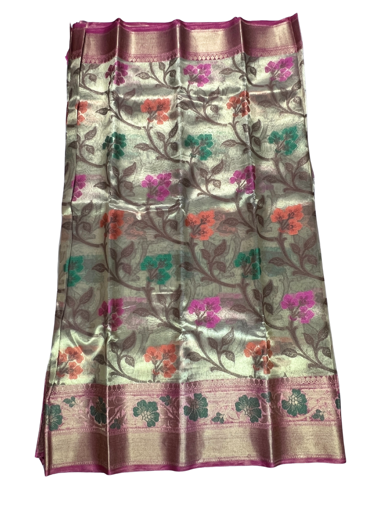 Greenish Gold and Pink Floral - Tissue Saree