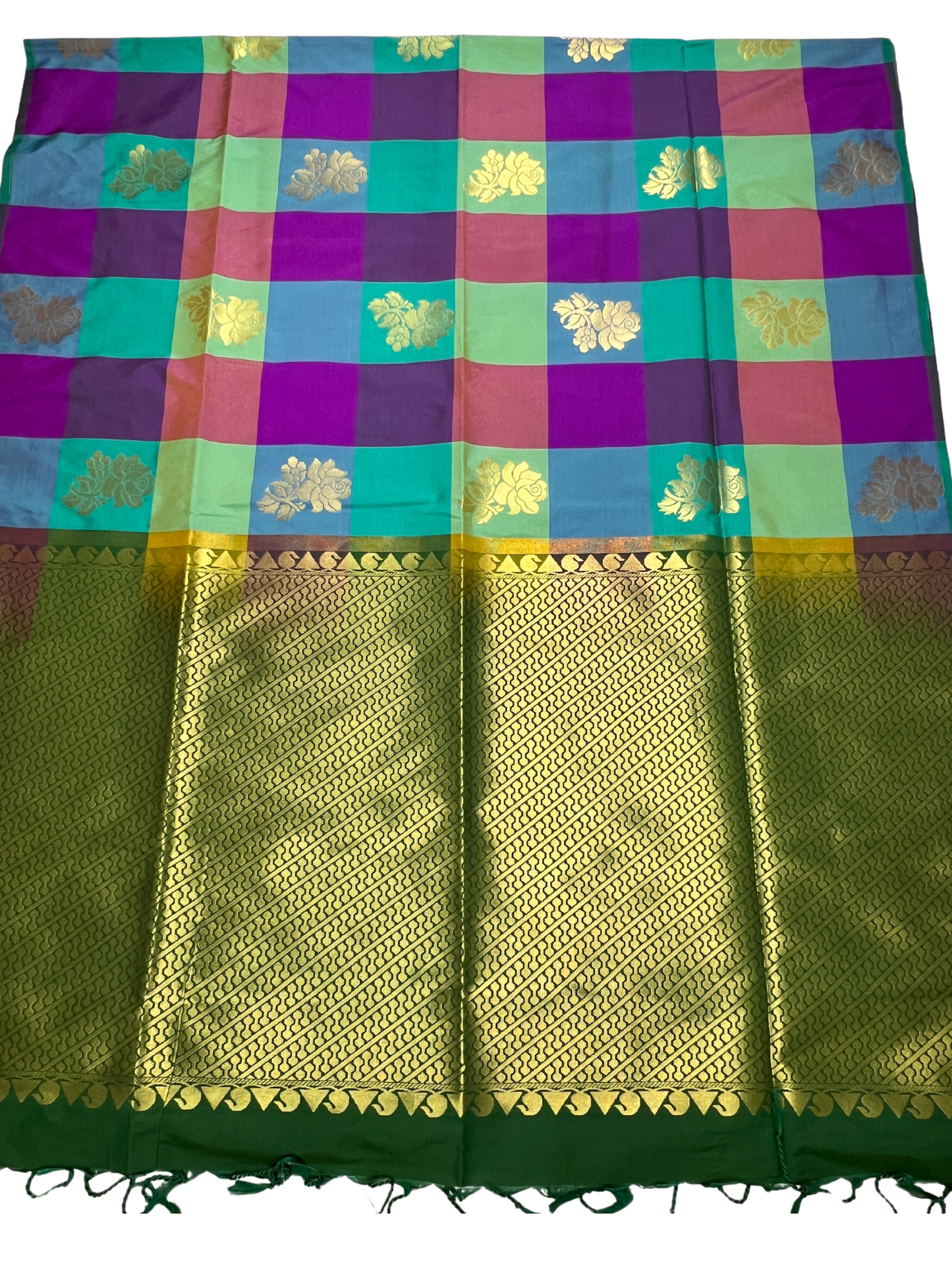 Palum Pazhamum checks with Green Pallu - Semi Kanchipuram Saree