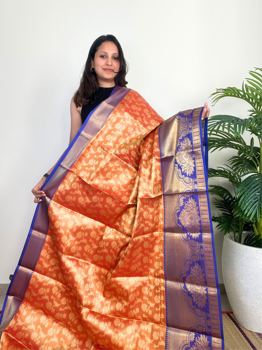 Orange and Blue - Semi Kanchi Tissue Saree