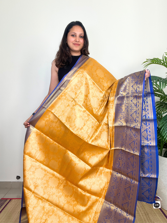 Yellow and Green - Semi Kanchi Tissue Saree