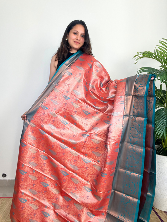 Orange and Blue - Tissue Saree
