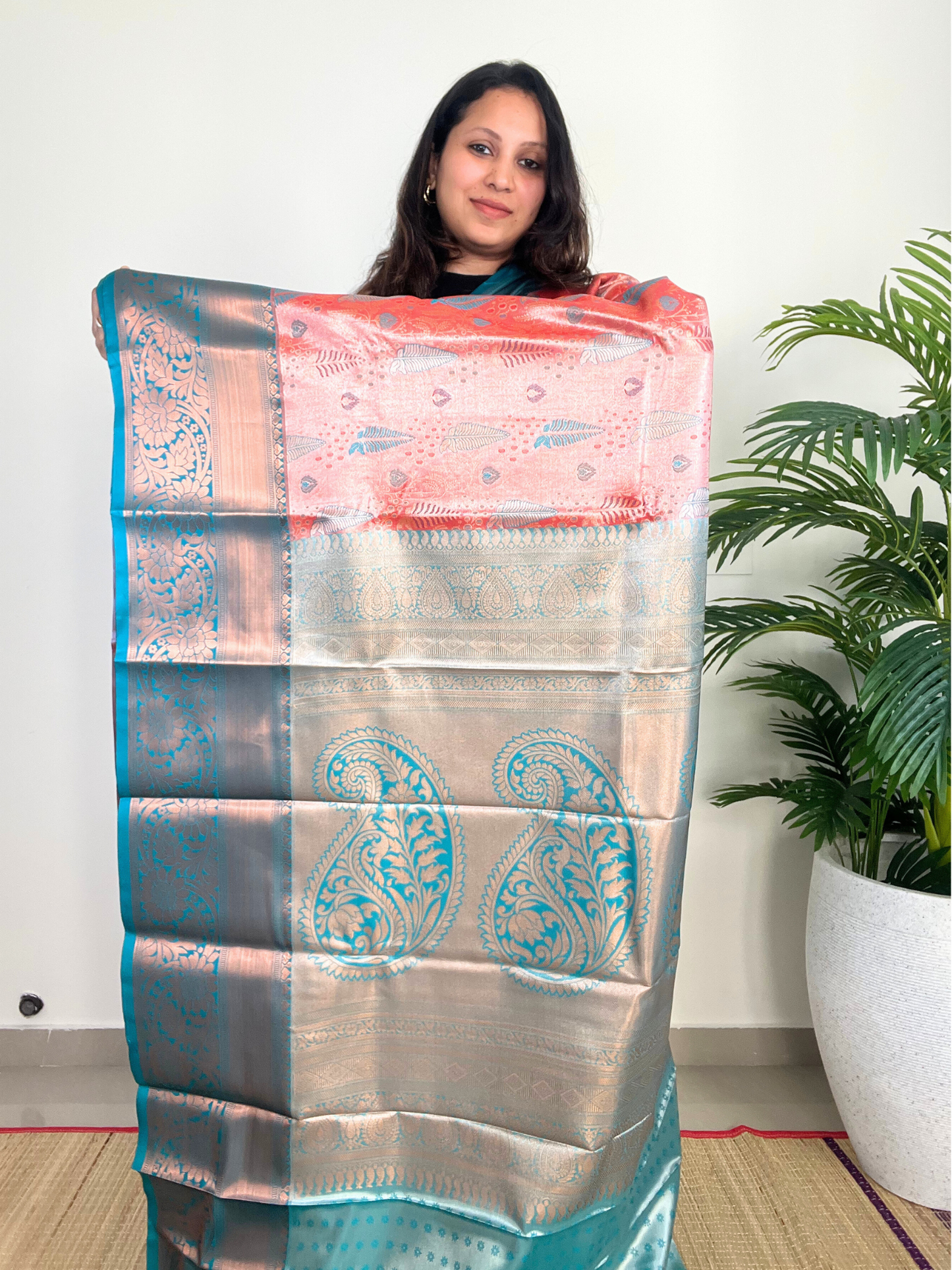 Orange and Blue - Tissue Saree