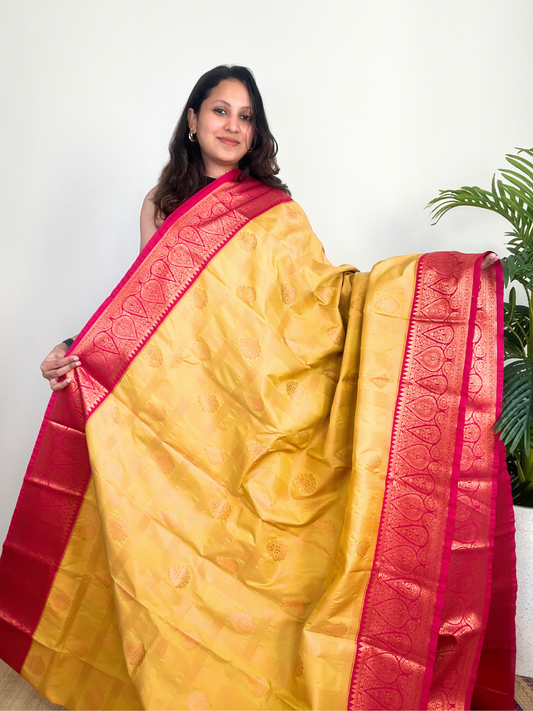 Yellow and Dark Pink - Kanchipuram Silk Saree