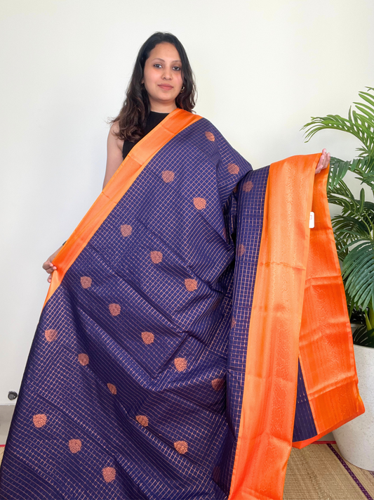 Indigo and Orange - Kanchipuram Silk Saree