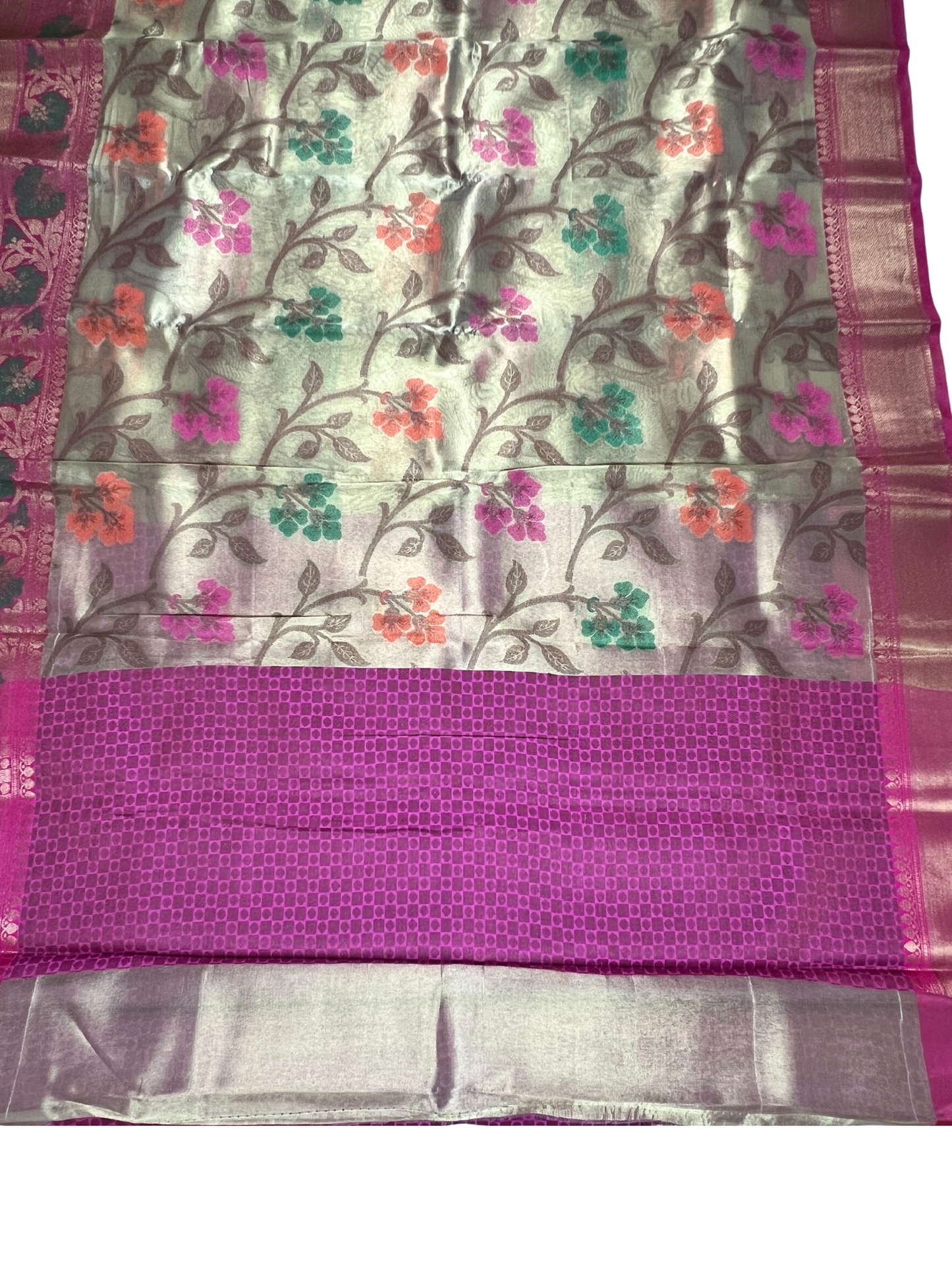 Greenish Gold and Pink Floral - Tissue Saree