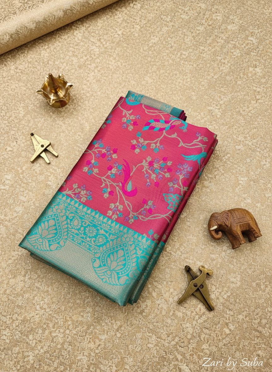 Rust Orange and Green - Floral Saree