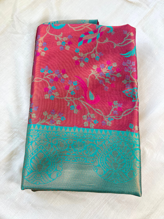 Rust Orange and Green - Floral Saree