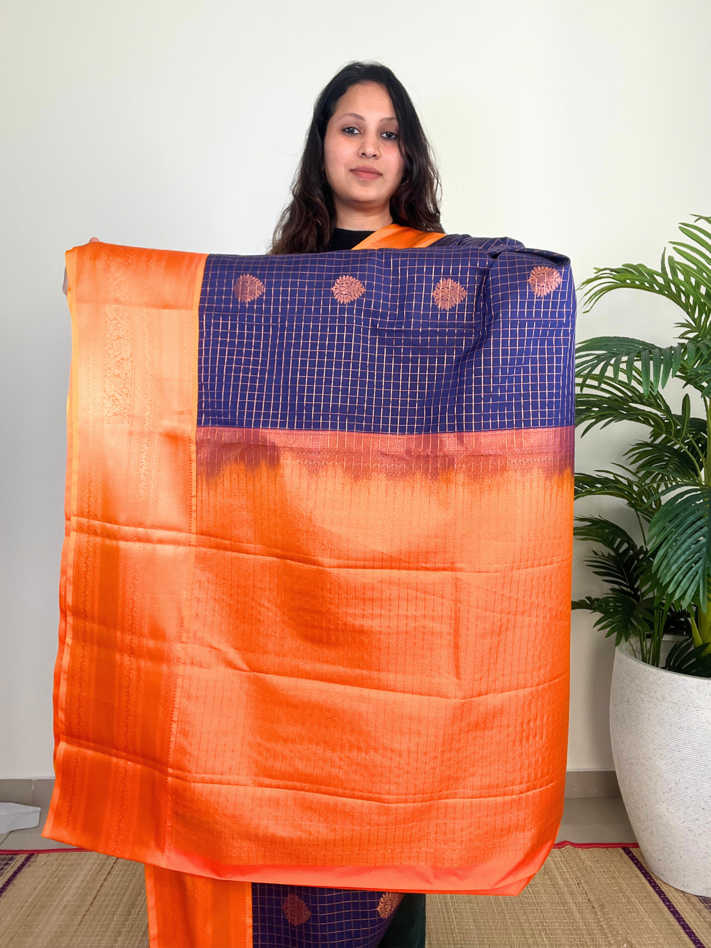 Indigo and Orange - Kanchipuram Silk Saree