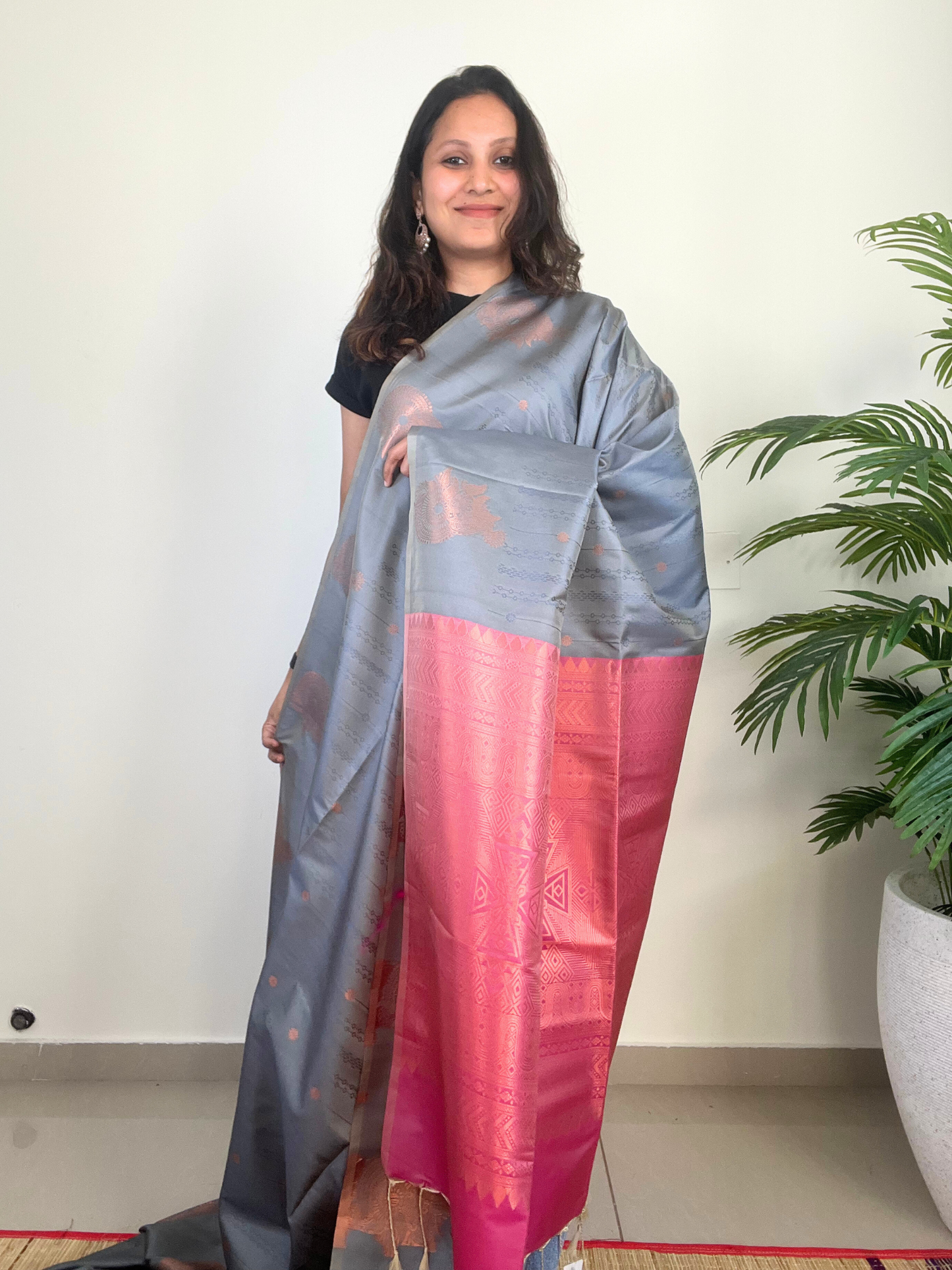 Grey and Pink - Soft Silk Saree