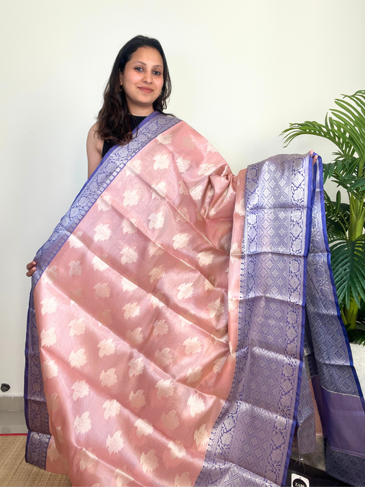 Baby Pink and Blue - Semi Kanchi Tissue Saree